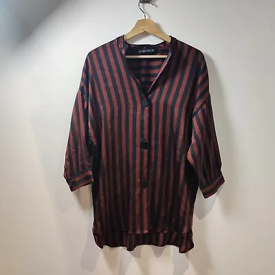 Zara Basic Top Oversized Long Sleeve Button Up Blouse Shirt Size XS Black Brown • £10.99