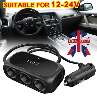 UK 3 Way 12V 24V Multi Socket Car Cigarette Lighter Splitter USB Charger Adapter • £5.99