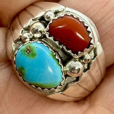 Navajo Men's Sonoran Gold Turquoise Coral Ring Sz 10.5 Sterling By A Spencer 12g • $135.94