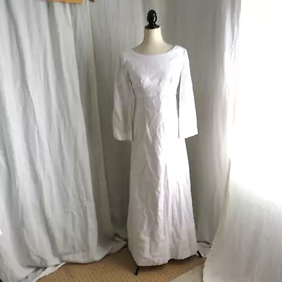 Vintage 1960's Women's Linen Blend & Lace Wedding Dress Minimalistic S M Maxi • $55