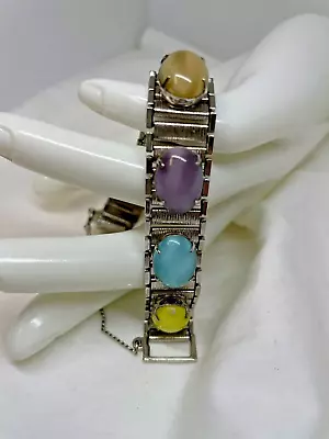 Vintage Sarah Cov Coventry Link Bracelet MoonGlow Multicolors W Safety Chain • $18