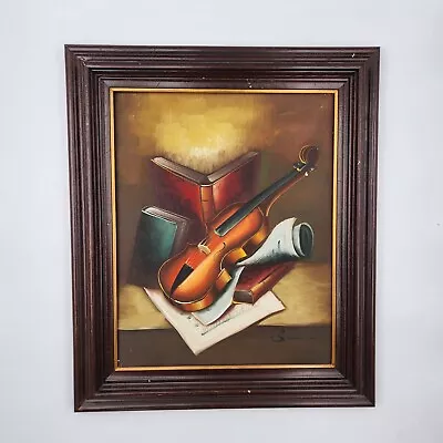 Oil Painting Canvas Still Life Violin Books Original Signed Framed 22”x26 X2.5  • $250