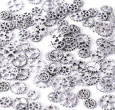 115 X Mixed Mini Cog Gear Charms  Silver Tone 8-14mm Steampunk Craft Jewellery • £3.99