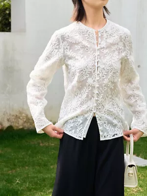 Full Embroidery Lace See-through Top Shirt Womens V-neck Long Sleeve Blouses OL • $103.52