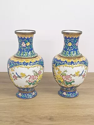 Vintage Pair Chinese Cloisonne Vases Flowers & Birds C1920s • £45