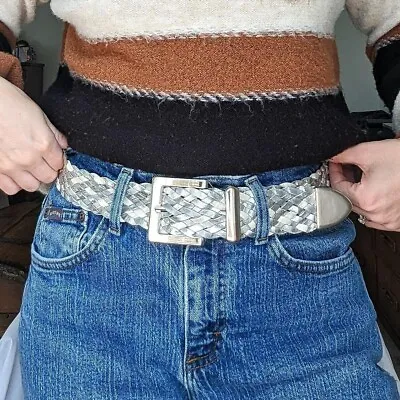 Vintage Shiny Silver Buckle Leather Braided Belt • $22