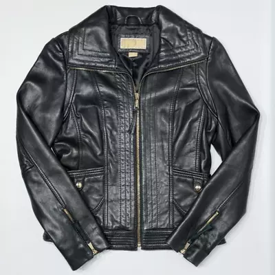 Michael Kors Women's Black Soft Leather Moto Biker Jacket Gold Zippers Size M • $127.49