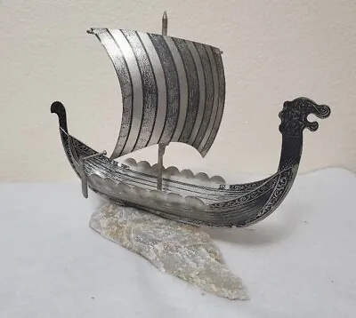 Norway Pewter Viking Ship With Sail And Rock Base NEW Approx 12  L X 9 1/2  H • $24