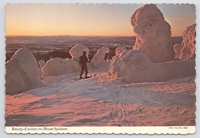 Mt Spokane Washington~Skiier On Top Of Mountain At Sunset~Continental Postcard • $3