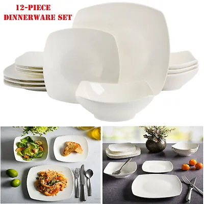 $25.99 • Buy 12-Piece Ceramic Dinnerware Set Square Dinner Plates Dish Service For 4 White