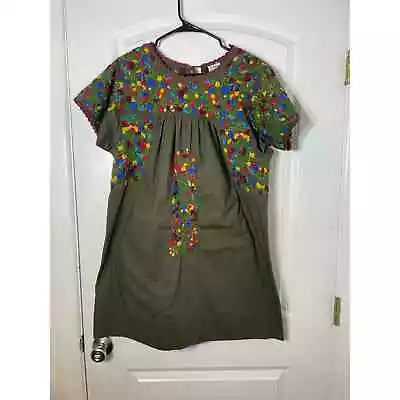 Sister Mary Mexican Style Green Floral Embroidered Mini Shift Dress Size Small • $51