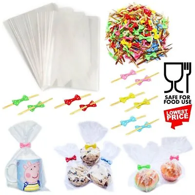 Cellophane Sweet Bags Gift Hamper Food Wrap Clear Plastic Large Small + Bow Ties • £2.39