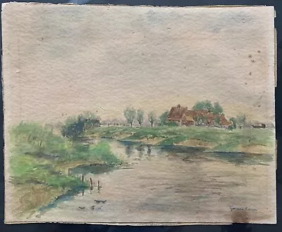 Original Signed Mid-Century Watercolor Of English Cottage By River Landscape • $72.99