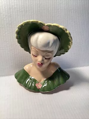 Vintage Lady Head Vase Glamour Girl Wall Pocket Green Dress & Bonnet • $20