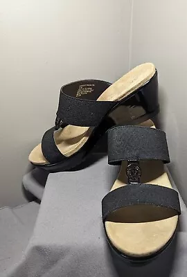 New ANNE KLEIN IFLEX Ladies Wedge Slip On STRAPPY Black Sandals Open Toe Sz 9.5 • $27.99