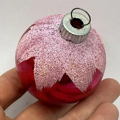 Vintage 50s Shiny Brite Pink White Mica Frosted Snowflake Top Ball Ornament • $15