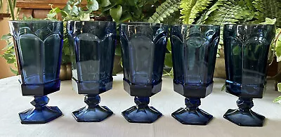 5 Fostoria VIRGINIA DARK BLUE Glass Stemmed 6 7/8  Ice Tea Glasses (set #2) • $40