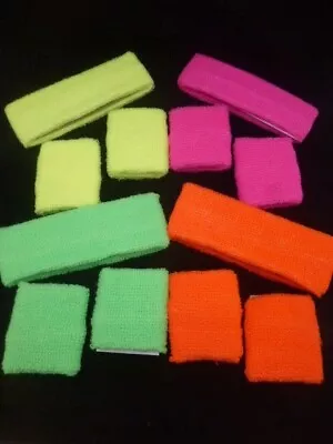 Neon Headband Sweatband Sets Pink Orange Yellow Green Ideal For 80's Fancy Dress • £3.25