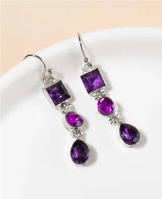 Womens Silver Metal Long Purple Square Rhinestone Decor Dangle Drop Earrings • £4.59