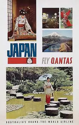 QANTAS AIRLINES JAPAN Vintage 1965 Travel Poster KYOTO MOUNT FUJI 25x40 NM • $300