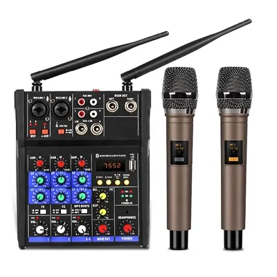 4 Channel Audio Mixer Built Wireless Microphone Bluetooth USB Record Sound Mixer • £83.99