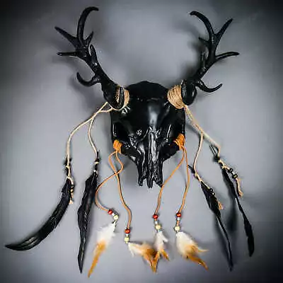 Black Antelope Devil Deer Horn Skull Masquerade Halloween Costume Mask Head Gear • $49