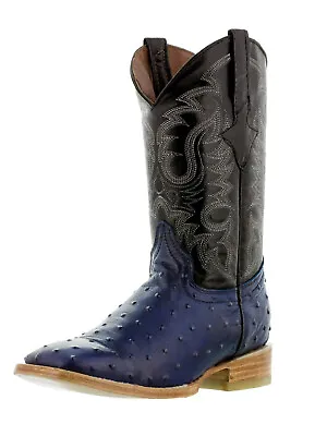 Mens Blue Cowboy Boots Real Leather Pattern Ostrich Quill Western Square Toe • $108.99