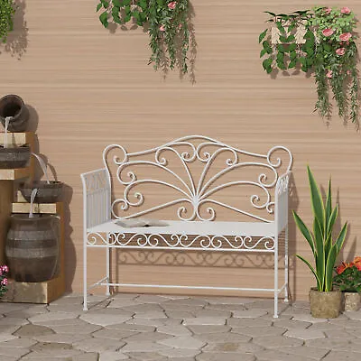 2 Seater Metal Bench Park Seating Outdoor Furniture Chair W/ Backrest White • £69.99