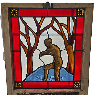 Antique Stained Glass Window Pane-woman Bathing In Woods-21 1/4  X 24  • $550