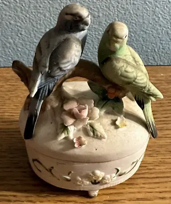 Vintage Lefton Exclusives Japan #3433 Bisque Porcelain Parakeet Trinket Box • $12.98