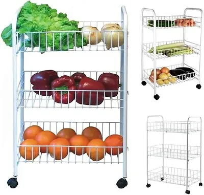 3 Tier White Coat Fruit Vegetable Rack Wheels Storage Stand Cart Trolley Kitchen • £11.95