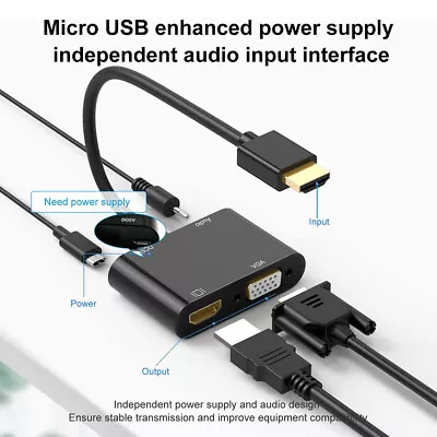 Compatible-HDMI To VGA+Compatible-HDMI+3.5mm Audio 3-in-1 Converter Dual Display • $13.62