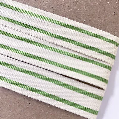 £2.45 • Buy Cotton Ribbon Green Cream Stripe Rustic Vintage Woven Cotton Ticking Trim