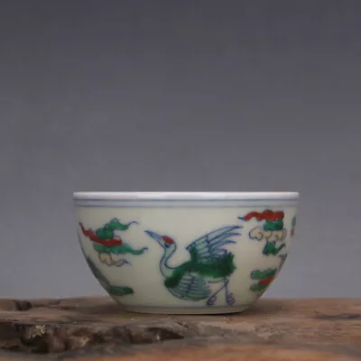 3.1  China Ming Blue White Doucai Contrasting Colors Porcelain Animal Crane Cup • $19.99