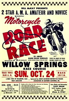 1955 Willow Springs California Raceway Vintage Motorcycle Racing Poster Print • $11.50