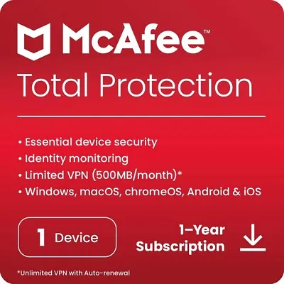 £7.49 • Buy McAfee Total Protection Antivirus 2023 1 Device 1 Year - 5 Minute EMAIL Delivery