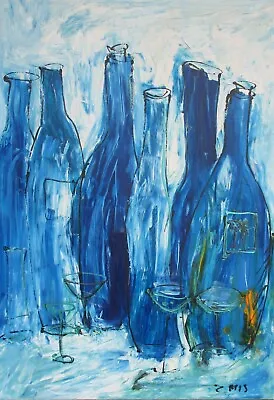 Blue Bottles Xl Oil Picture Canvas Painting Sonja Tent Miller Kitchen Restaurant • $340.98