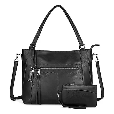 2 In 1 Women Shoulder Bag Large Designer Handbag Leather Shopper Tote Bag Black • £14.99