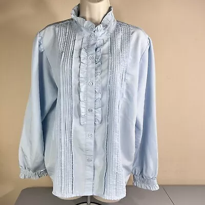 Vicki Wayne Women 70s Vtg Light Blue Ruffle Tuxedo Shirt Size 18P 100% Polyester • $5.87