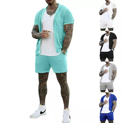 Mens Casual Outfit 2-Piece Set Mesh Short Sleeve Shirts And Shorts Sweatsuit Set • $38.87