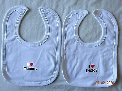 Boys Girls CUTE Bib Cotton I Love My DADDY/MUMMY Baby Feeding White Bib • £2.80