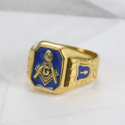 Blue Enamel Freemason Symbol Ring Stainless Steel Vintage Biker Masonic Ring • $11.99