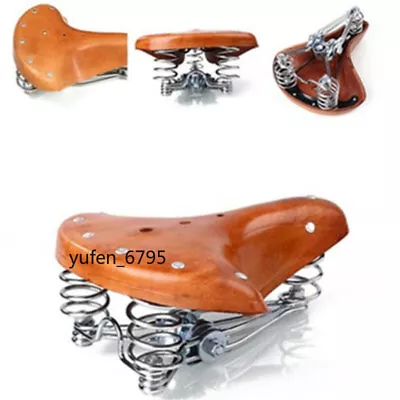 Brown Retro Bike Saddle Vintage Classic Real Genuine Leather Bicycle Spring Seat • $37.32