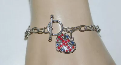 Sterling Silver UK Britain Union Jack Heart Rhinestone 7  Bracelet Charm 1j 95 • £39.04