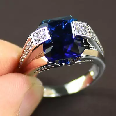 Fancy Prong Set Deep Blue Sapphire & White Diamonds 935 Silver Men's Modern Ring • $270