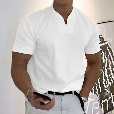 Mens Solid Casual V Neck Short Sleeve T-shirts Slim Fit Muscle Blouse Tops OL US • $16.19