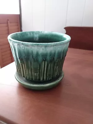 Vintage McCoy Pottery Green Glazed Bamboo Planter Pot 4.75  Tall W/Attach Saucer • $45