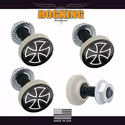 4 Grey Knurled Motorcycle Lic Plate Frame Tag Bolts - White Maltese Iron Cross • $13.77