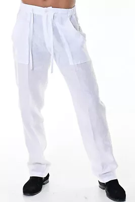 Bohio Mens 100% Linen Pants - White Flat-Front Drawstring Pant (S ~ 3XL) - MLP19 • $38.99