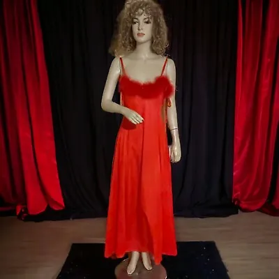 Vintage Red Pandora Nylon Nightgown W/ Marabou Feather Trim Made In California M • $59.99